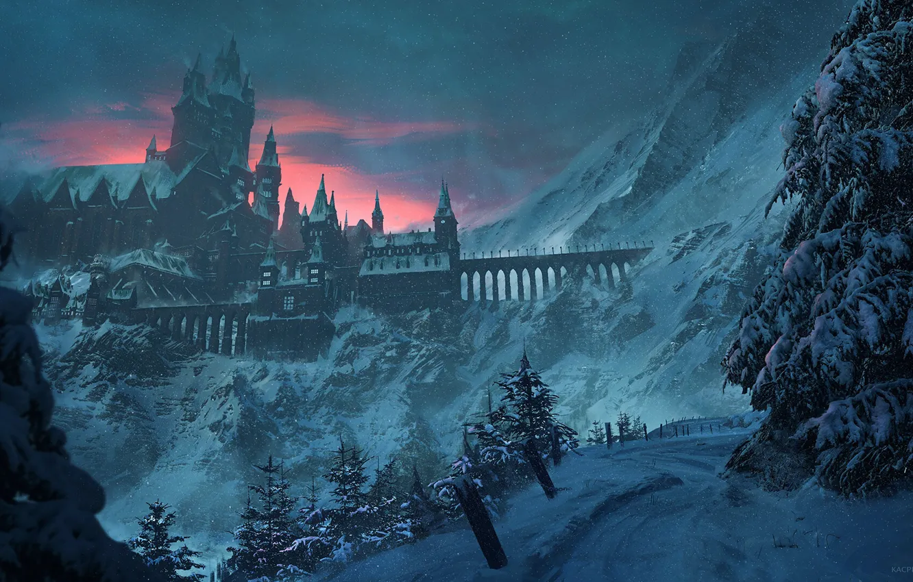 Photo wallpaper winter, snow, trees, mountains, bridge, castle