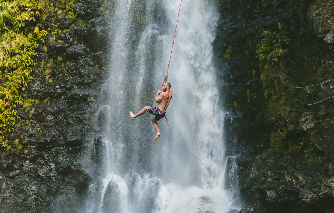 Photo wallpaper man, waterfall, Adventure, Climb, mounatin