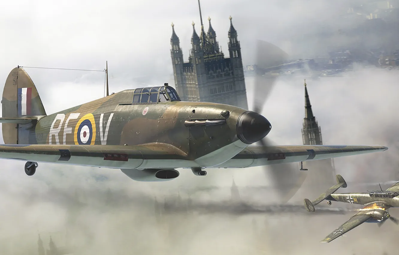 Photo wallpaper Hawker Hurricane, Battle of Britain, Battle of Britain, British single-seat fighter, Messerschmitt Bf.110, twin-engine heavy …