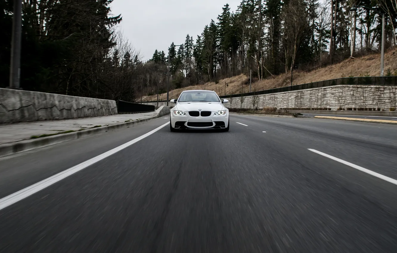 Photo wallpaper road, forest, white, trees, bmw, the fence, e92, white.BMW