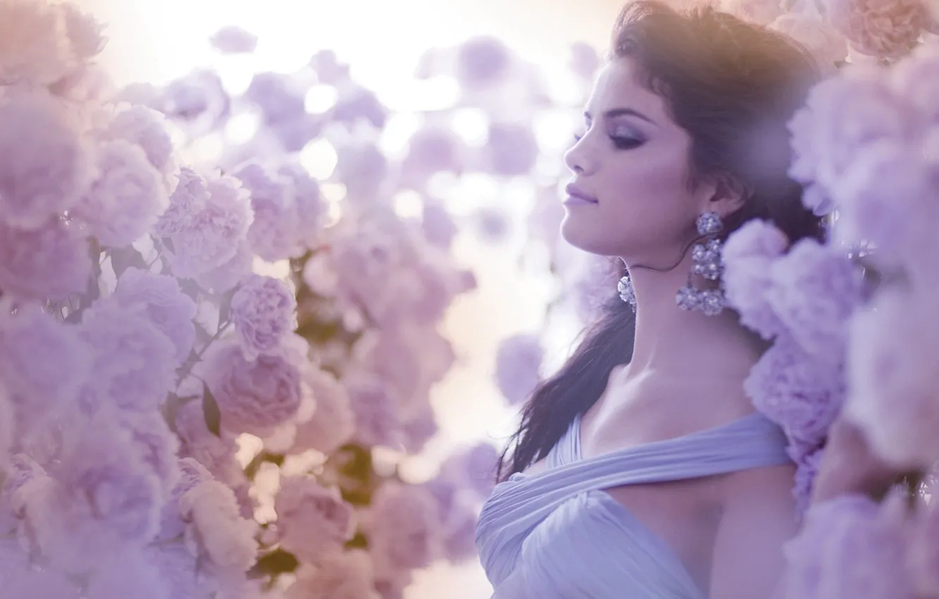 Photo wallpaper girl, flowers, color, earrings, brunette, mystery, lilac, peonies