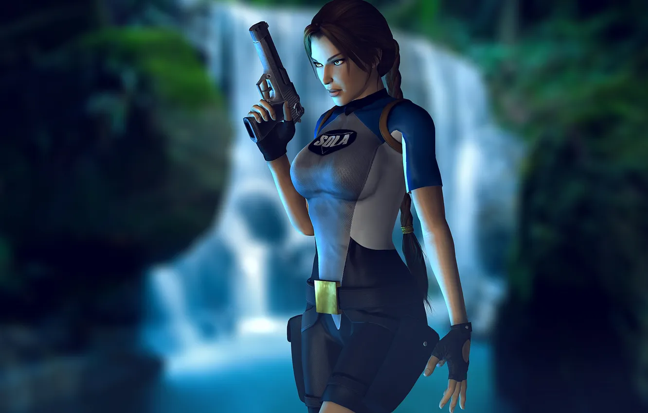 Photo wallpaper gun, weapons, hair, waterfall, costume, gloves, braids, Tomb Raider