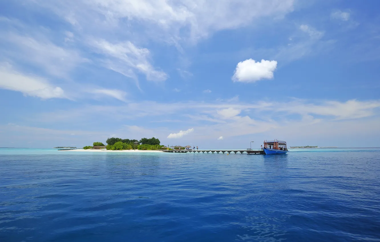Photo wallpaper sea, palm trees, the ocean, boat, island, the Maldives