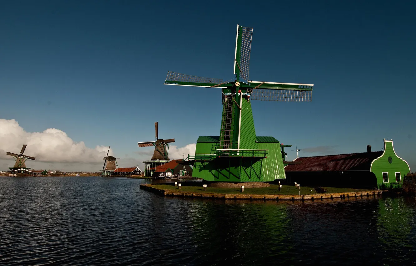 Photo wallpaper the sky, clouds, river, channel, windmill