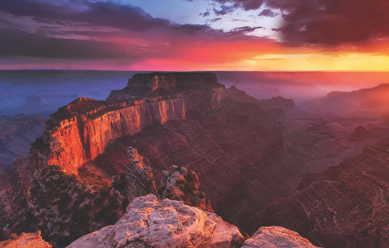Photo wallpaper the sky, clouds, sunset, mountains, fog, rocks, height, the evening