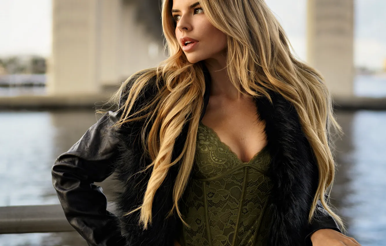 Photo wallpaper pose, river, model, portrait, makeup, piercing, jacket, hairstyle