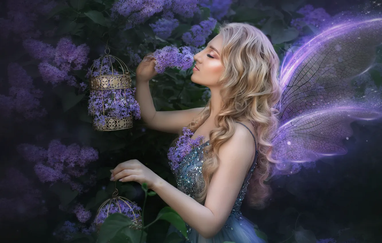 Photo wallpaper girl, flowers, wings, garden, fairy