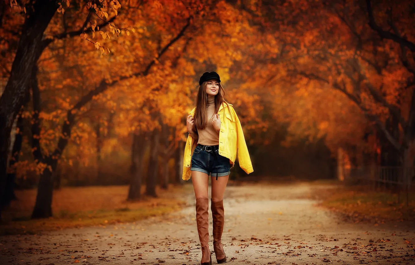 Photo wallpaper autumn, trees, model, shorts, Girl, boots, Xenia, Dmitry Arhar