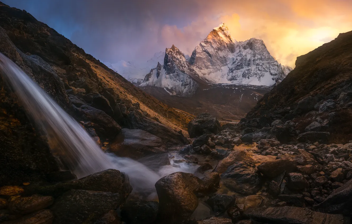 Photo wallpaper snow, mountains, waterfall