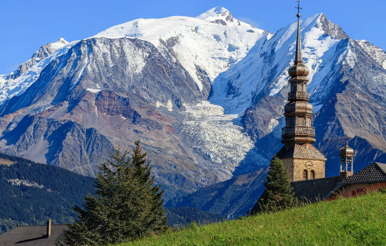 Photo wallpaper mountains, France, Church, Auvergne Rhône Alpes