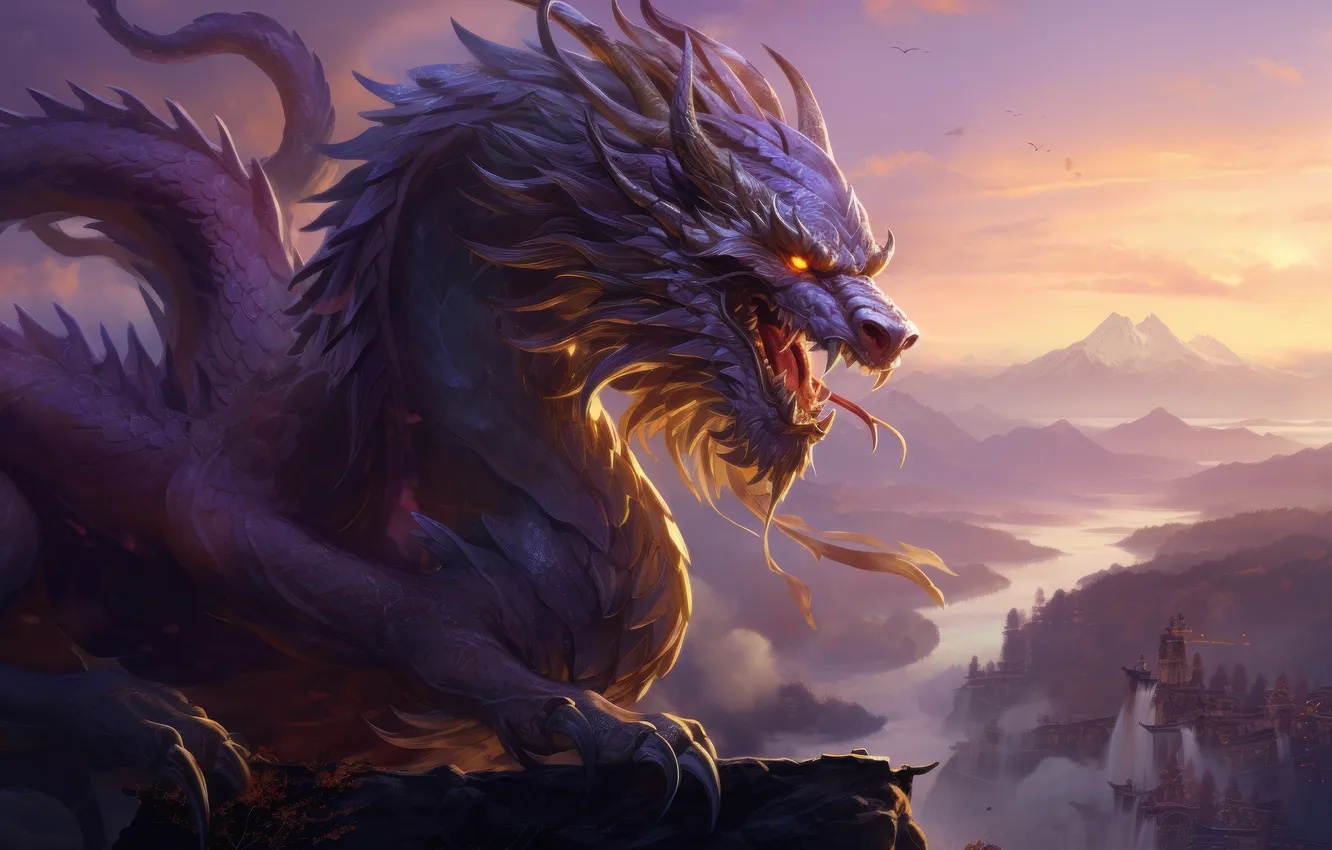 Photo wallpaper language, purple, light, mountains, fog, river, open, dawn