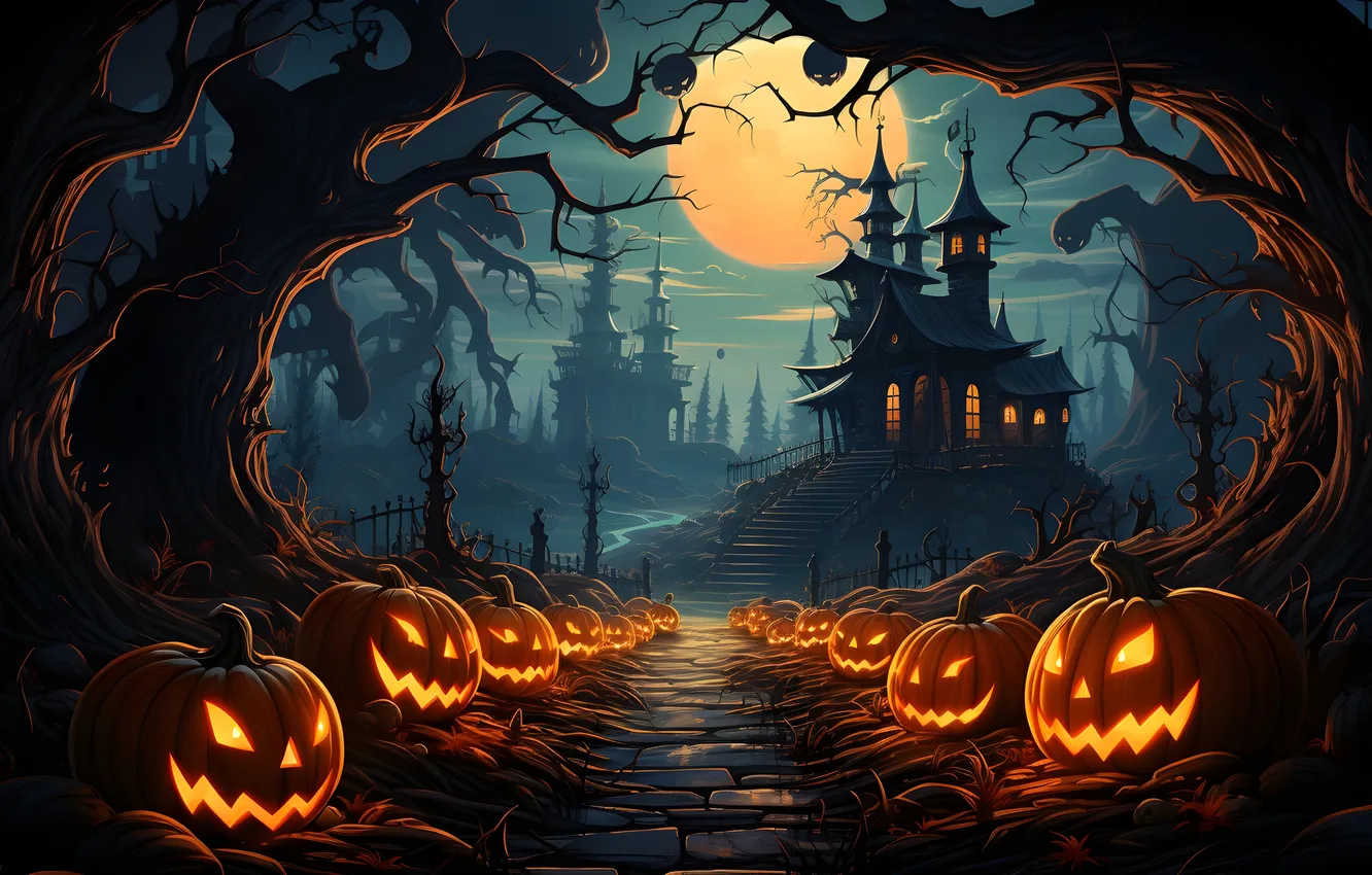 Photo wallpaper trees, night, the moon, home, Halloween, pumpkin, bats, Halloween