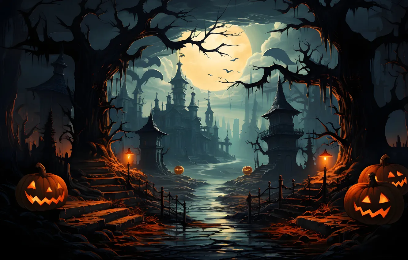 Photo wallpaper road, clouds, trees, lights, the moon, the fence, home, the evening