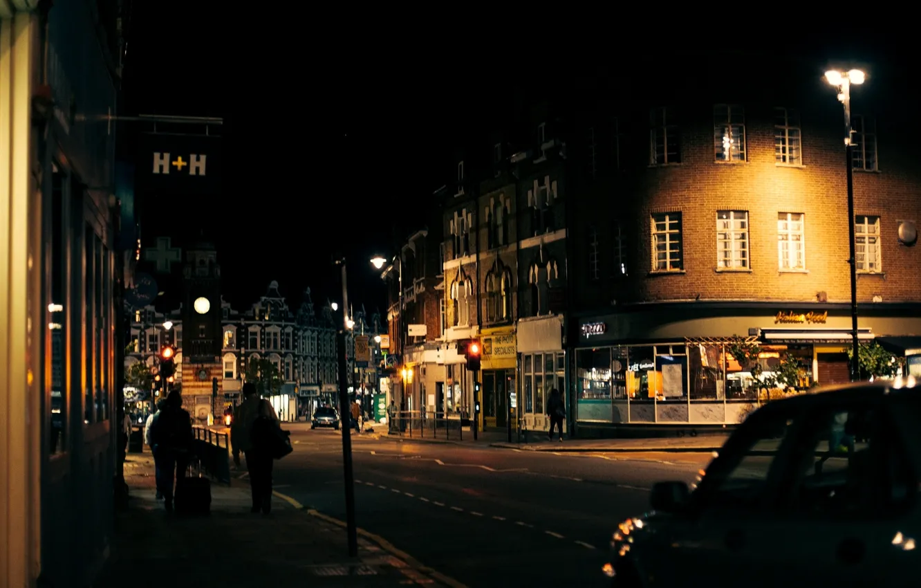 Photo wallpaper road, machine, night, the city, people, street, England, London
