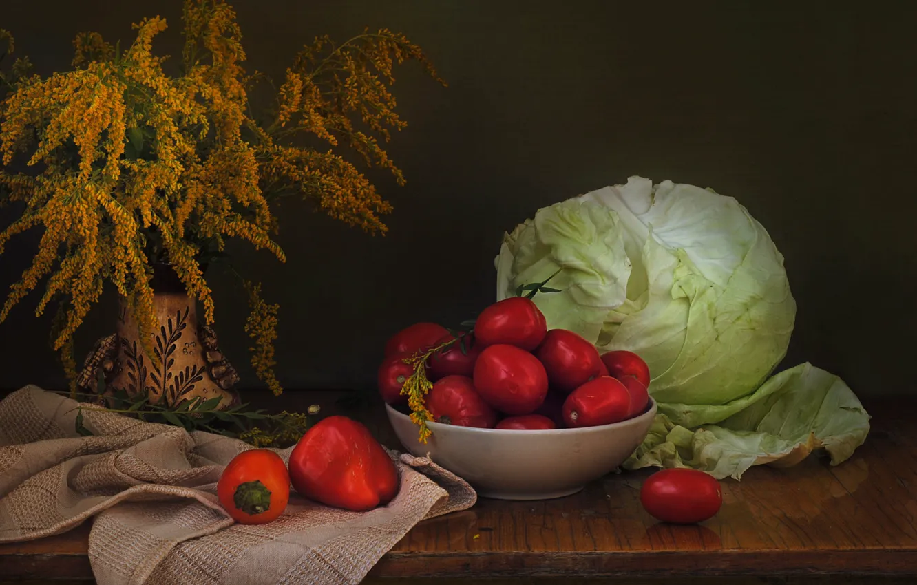 Photo wallpaper flowers, yellow, towel, bouquet, harvest, vase, pepper, bowl