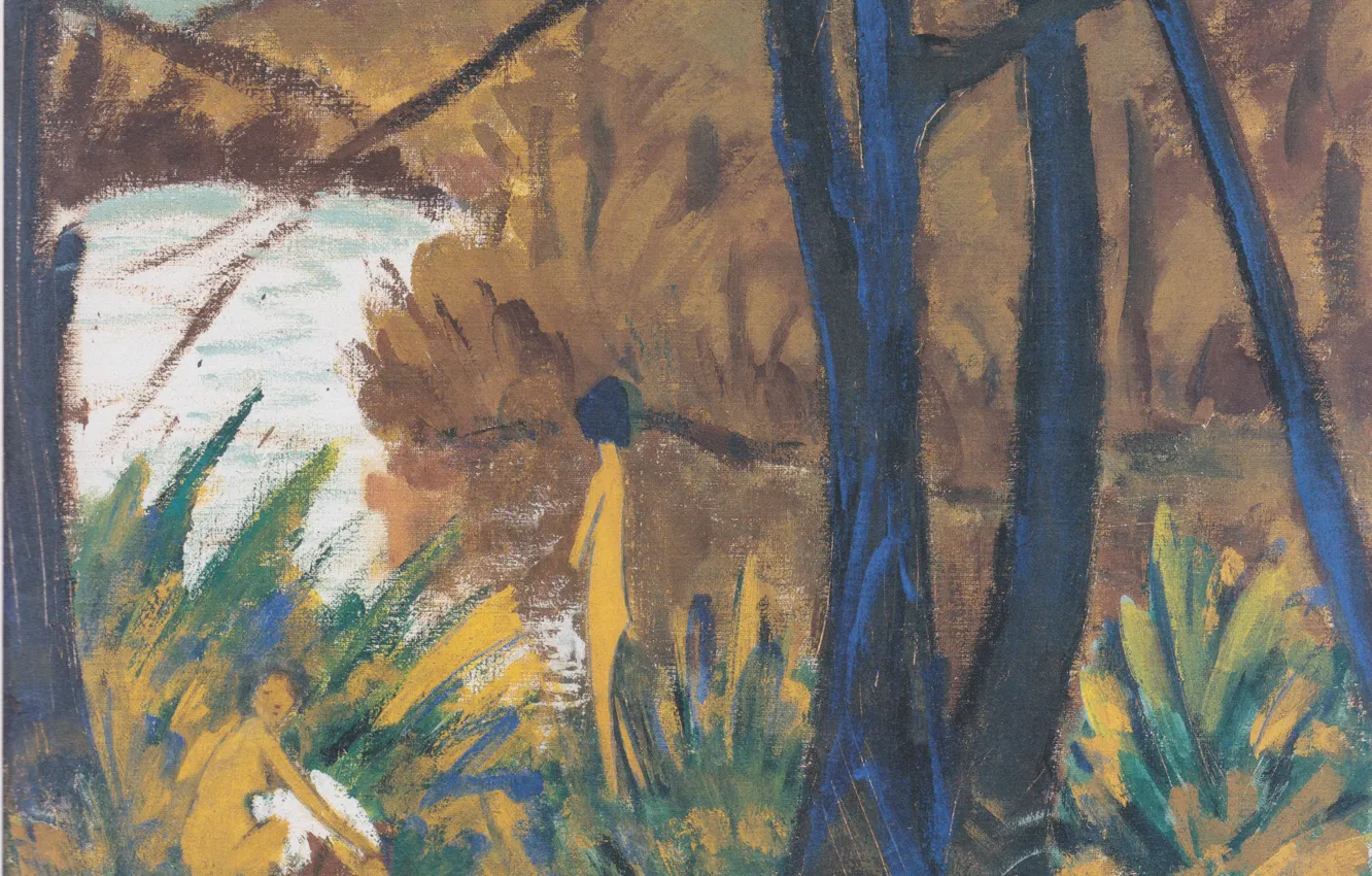 Photo wallpaper trees, river, the bushes, naked girls, Expressionism, Otto Mueller, Waldsee with two files, ca1912