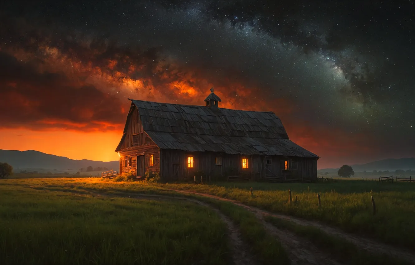 Photo wallpaper house, evening, painting