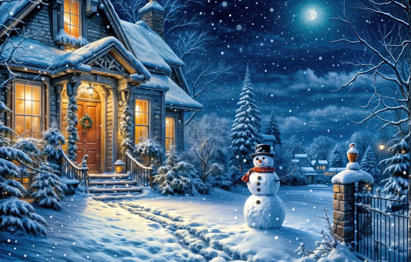 Photo wallpaper house, Christmas, sky, winter, snow, stars, snowman, snowy