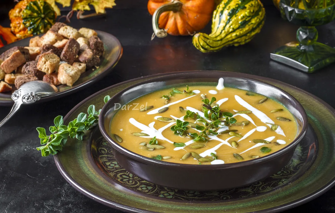 Photo wallpaper greens, soup, pumpkin, puree, crackers