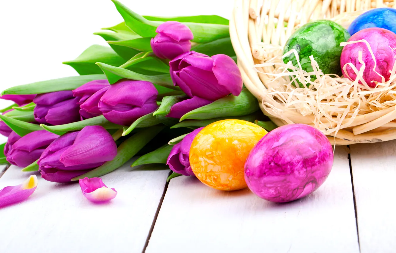 Photo wallpaper flowers, holiday, eggs, spring, Easter, tulips, lilac, Easter