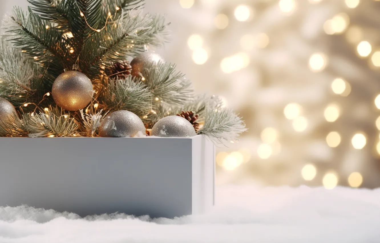 Photo wallpaper decoration, balls, new year, Christmas, golden, Christmas, balls, bokeh