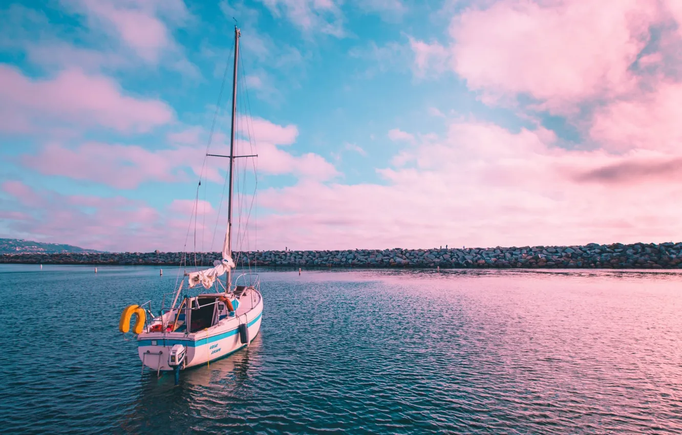 Photo wallpaper mast, boat, pink sunset, they say, sea, the evening