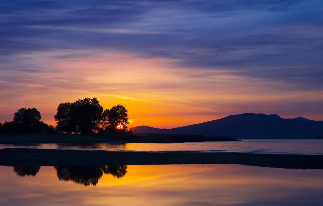 Photo wallpaper Sunset, Water, The evening, Trees, Hills