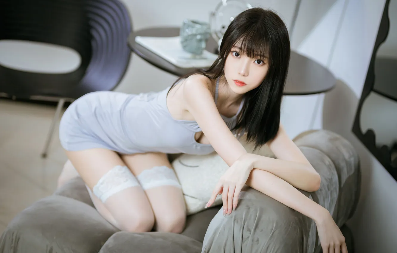 Photo wallpaper cleavage, model, women, brunette, black hair, dark hair, kneeling, looking at viewer