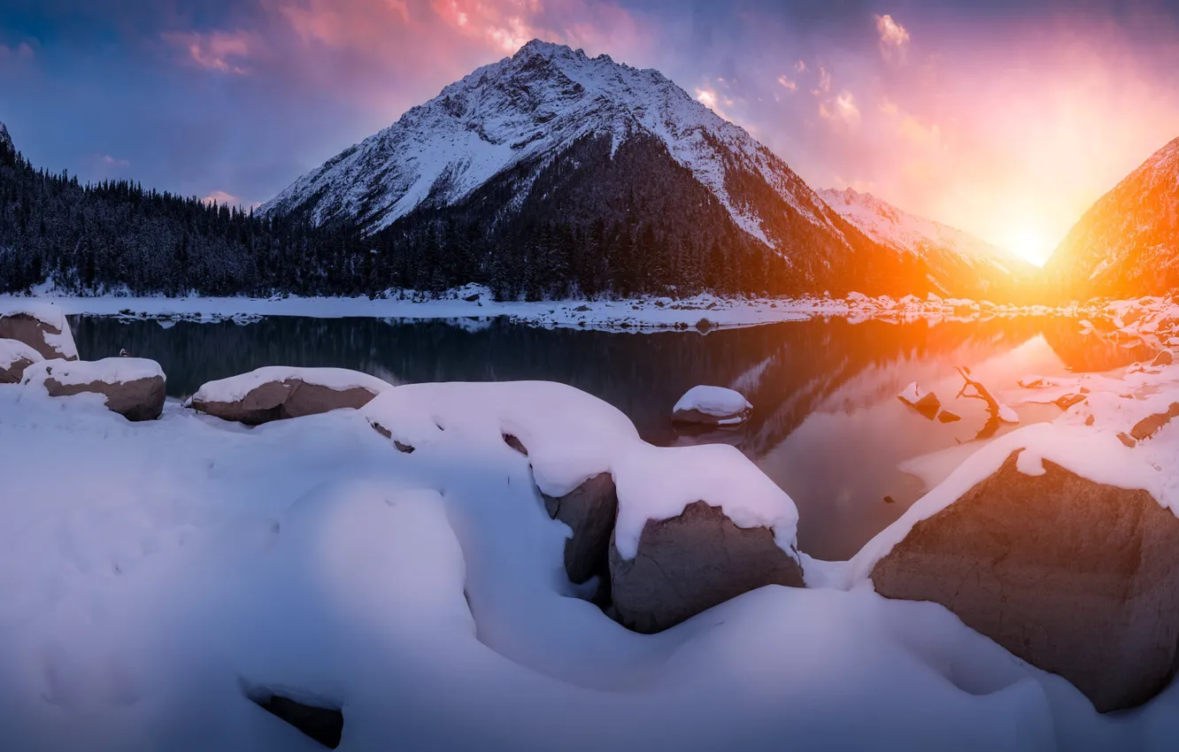 Photo wallpaper winter, forest, the sun, clouds, light, snow, sunset, mountains
