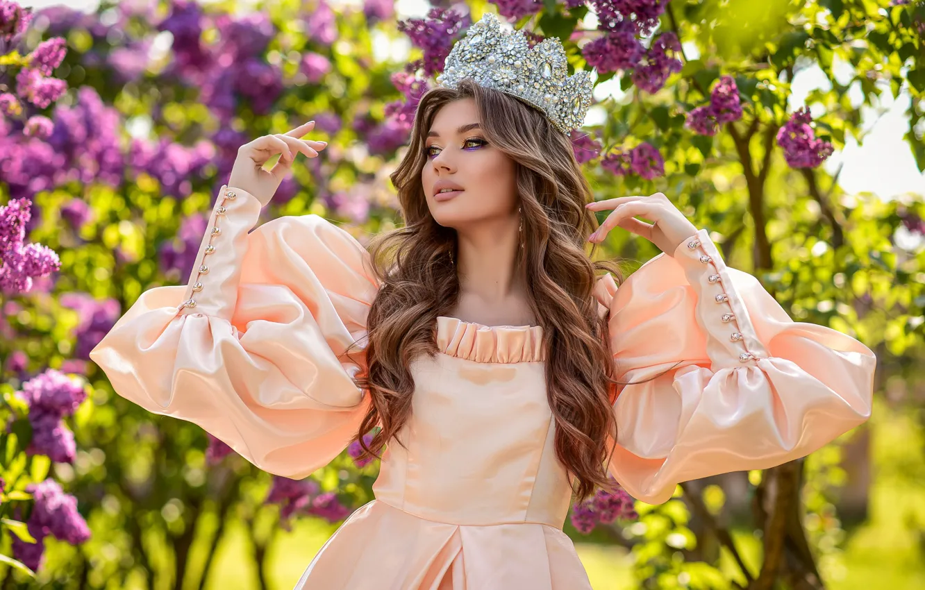 Photo wallpaper girl, nature, pose, crown, makeup, dress, brown hair, the bushes