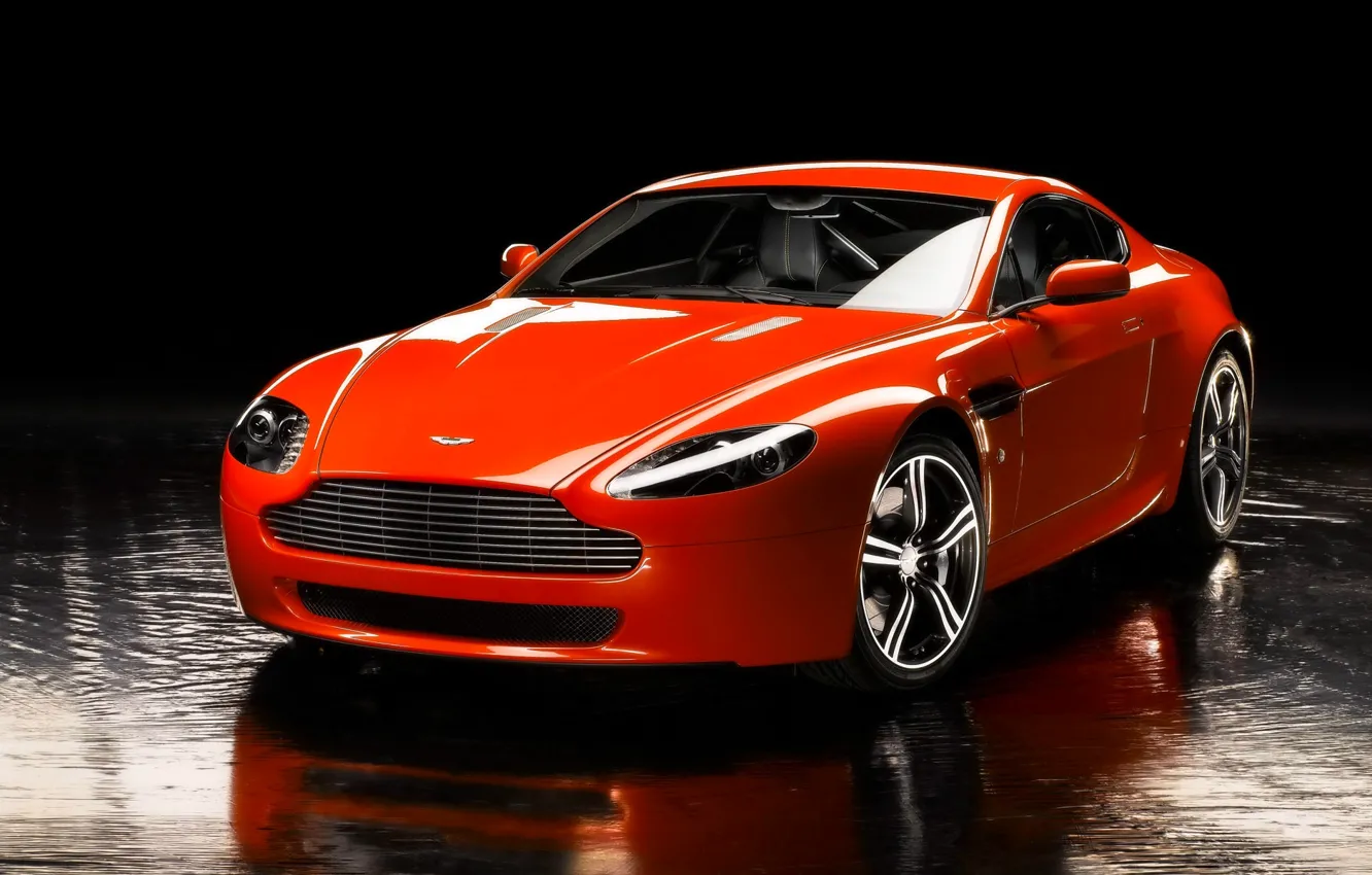 Photo wallpaper Aston Martin, Reflection, Vantage, Machine, Orange, The front, Sports car