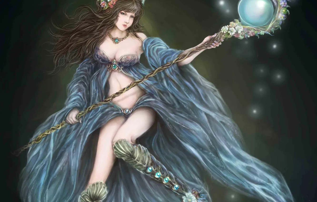 Photo wallpaper girl, flowers, background, art, staff