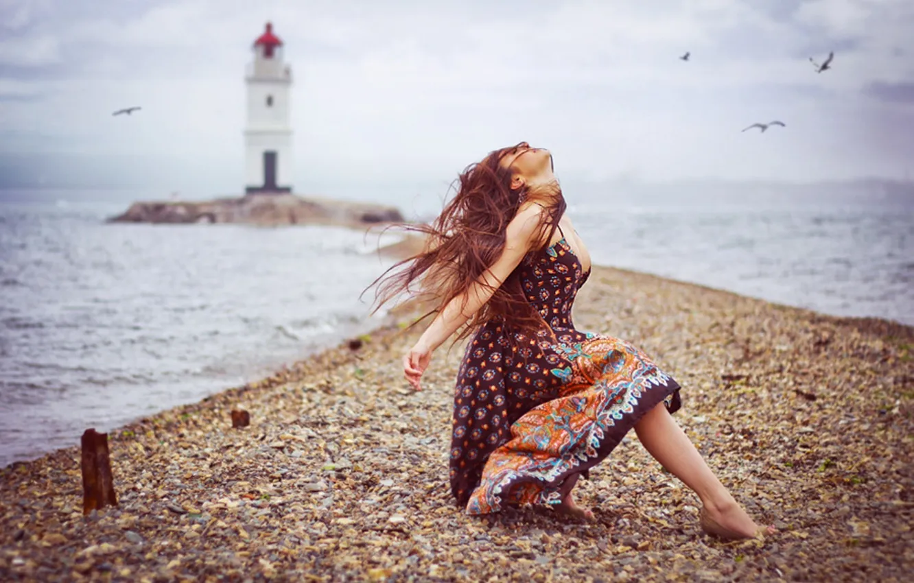 Photo wallpaper mood, lighthouse, girl on the beach