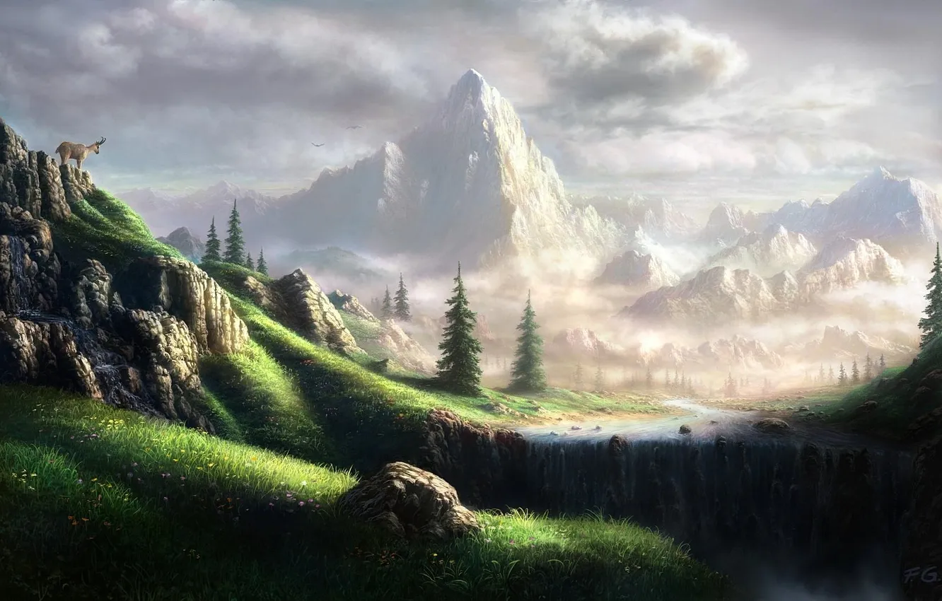 Photo wallpaper landscape, mountains, waterfall, Fel-X, goat