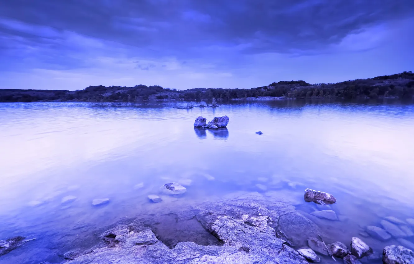 Photo wallpaper the sky, water, clouds, lake, blue, stones, the evening, USA