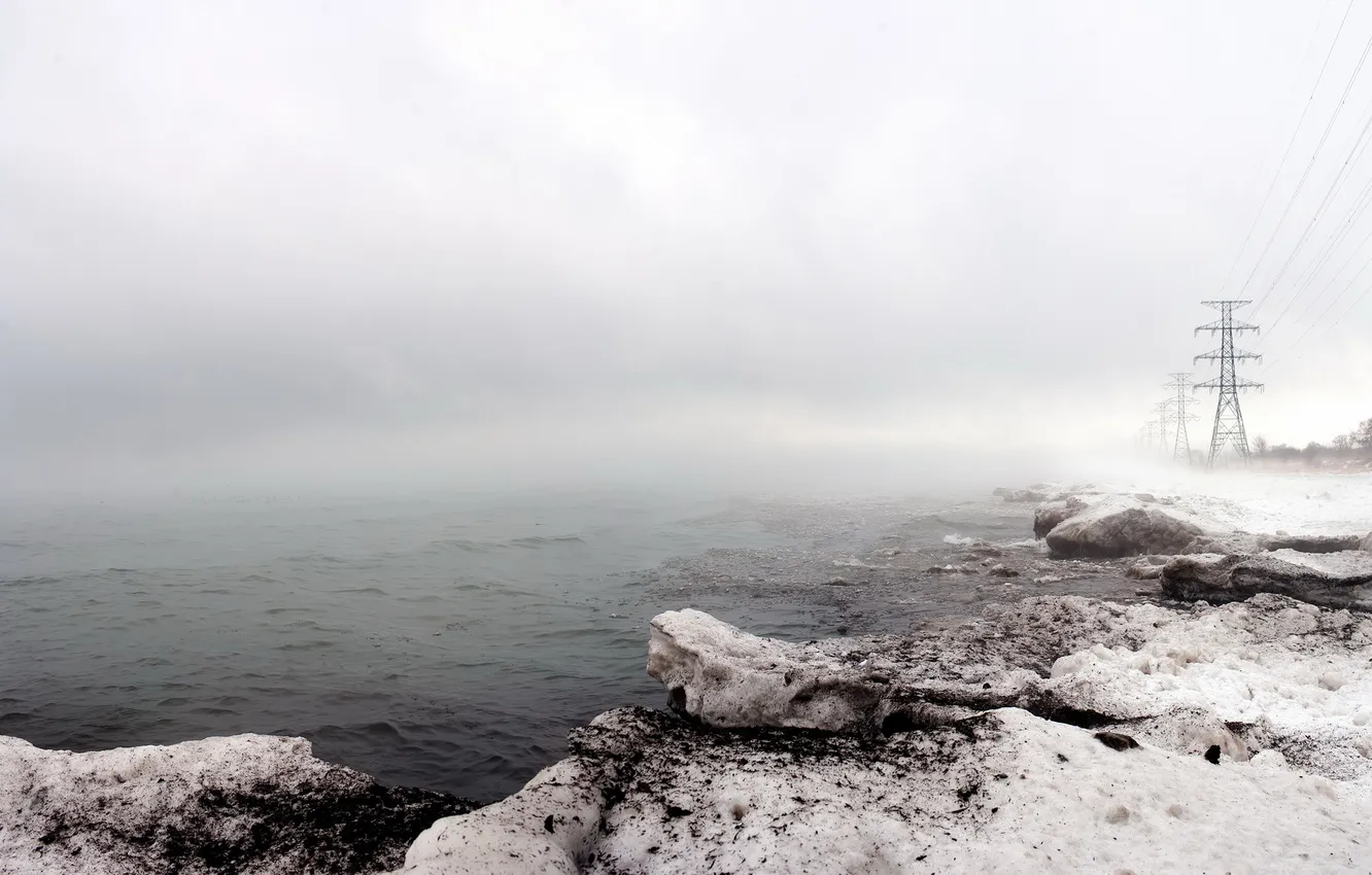 Photo wallpaper winter, snow, fog, river, power lines