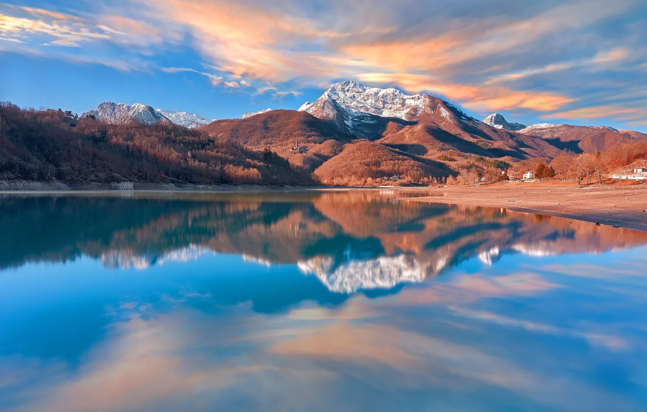 Photo wallpaper autumn, the sky, clouds, light, landscape, mountains, nature, lake