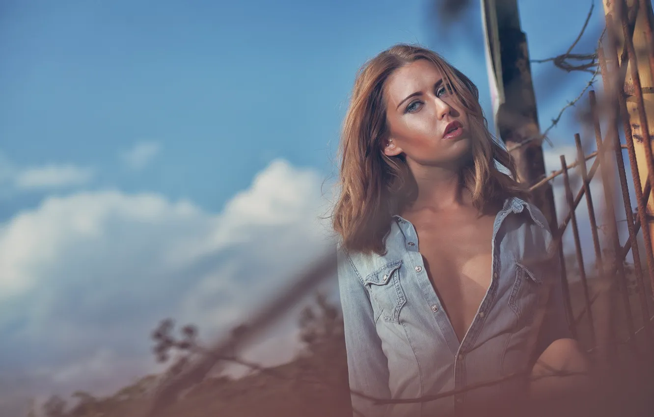 Photo wallpaper The sky, Clouds, Girl, Look, Girl, Hair, Eyes, Clouds