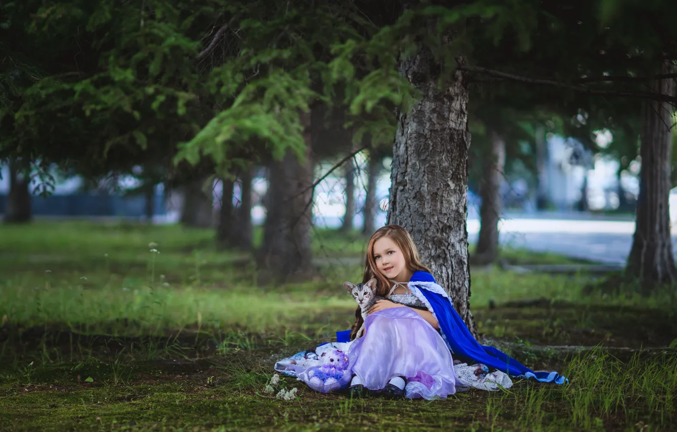 Photo wallpaper cat, cat, look, trees, pose, girl, Diana Lipkina