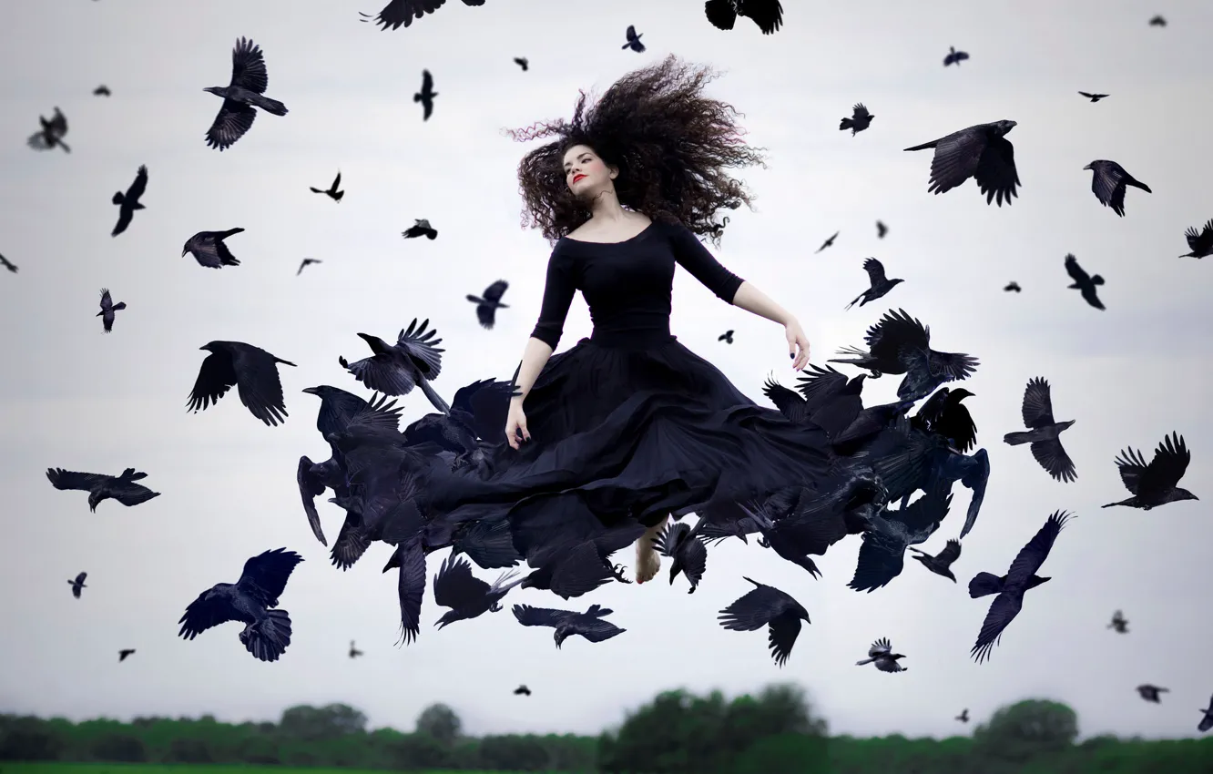 Photo wallpaper girl, birds, dress, flight, in black