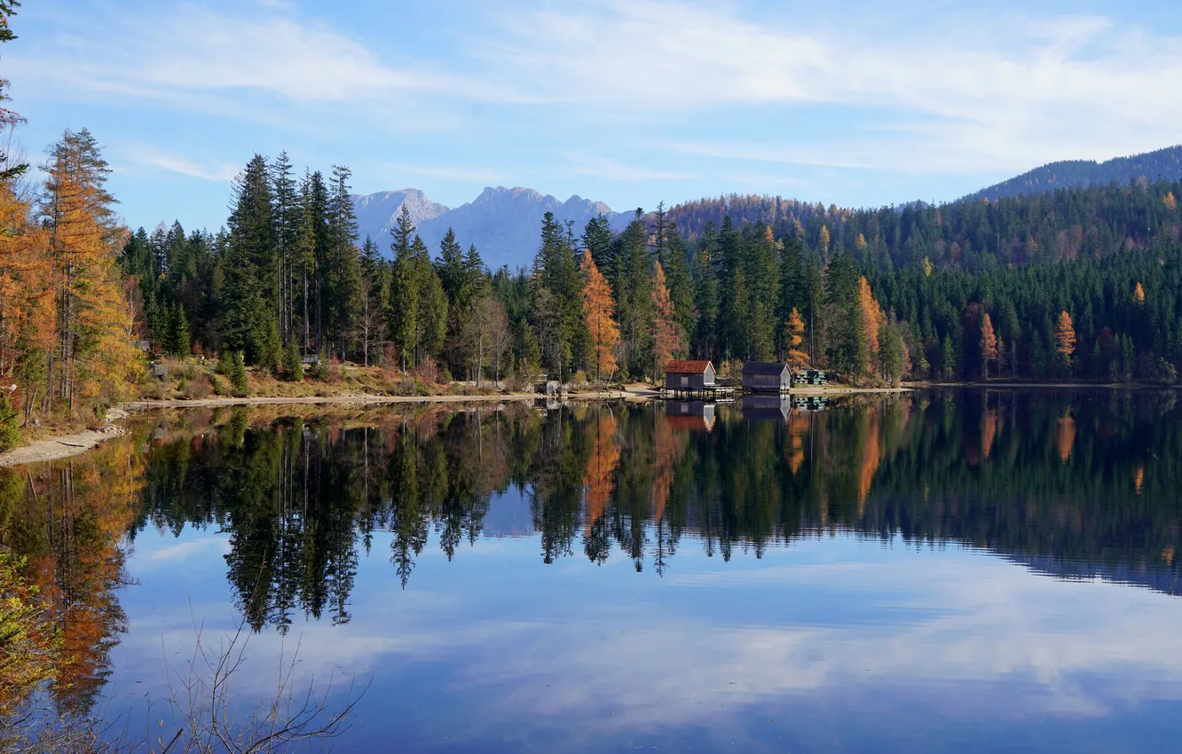 Photo wallpaper forest, lake, reflection, house