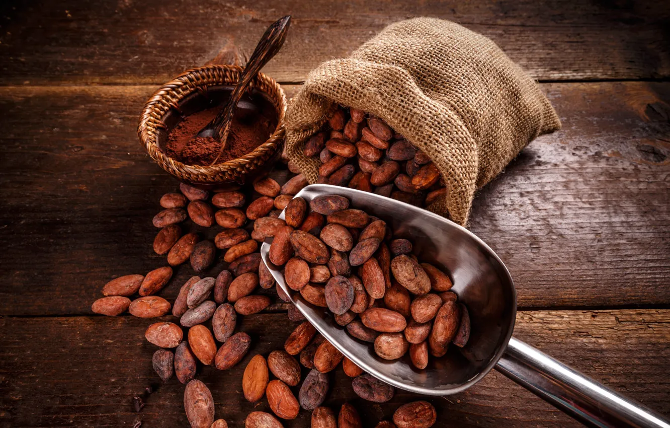 Photo wallpaper Board, bowl, bag, cocoa, scoop, cocoa beans