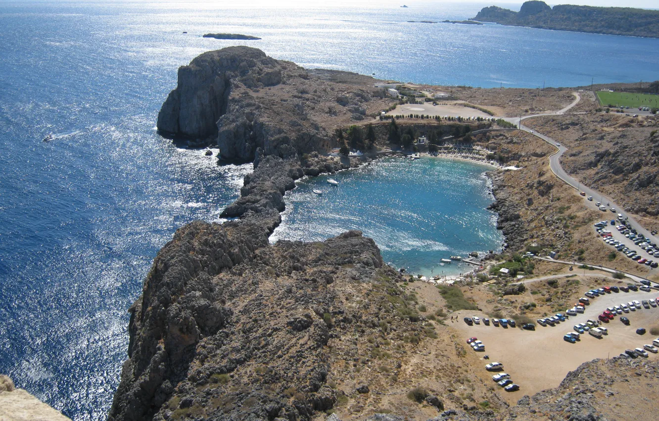 Photo wallpaper sea, Bay, Greece, horizon, sun glare, Lindos, Rhodes