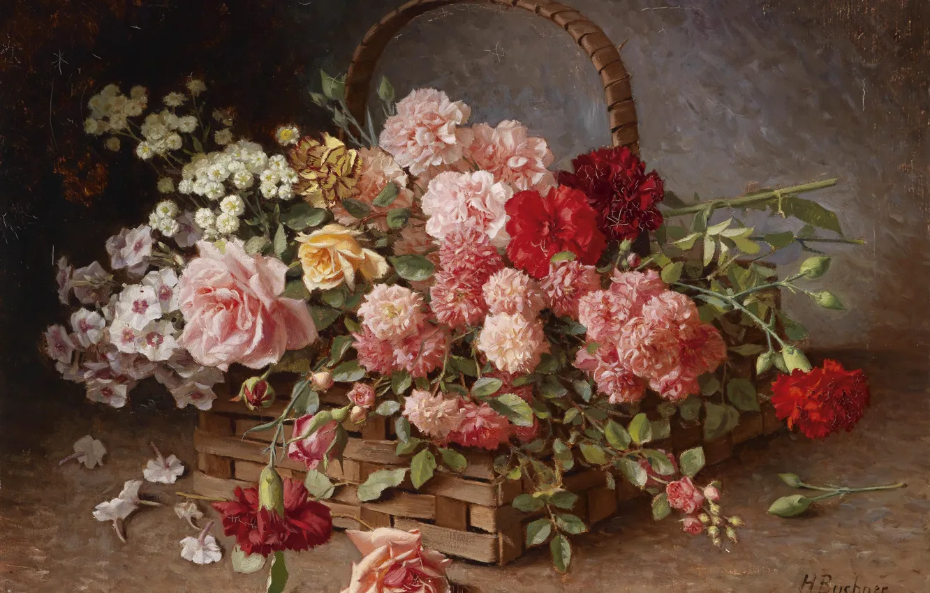Photo wallpaper flowers, oil, still life, basket, Hans Buchner, «A Basket of Roses and Carnations»