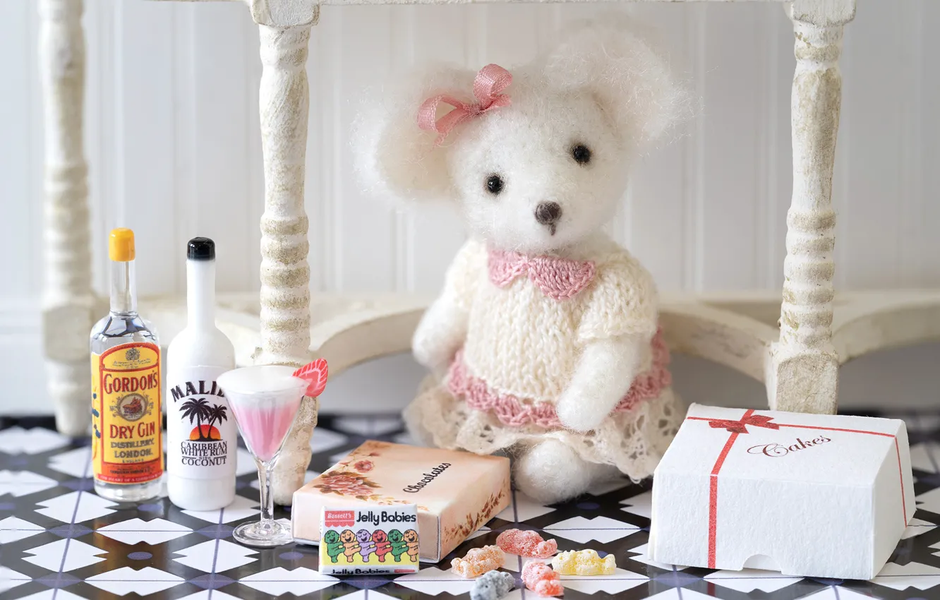 Photo wallpaper box, wine, toy, mouse, candy, cake