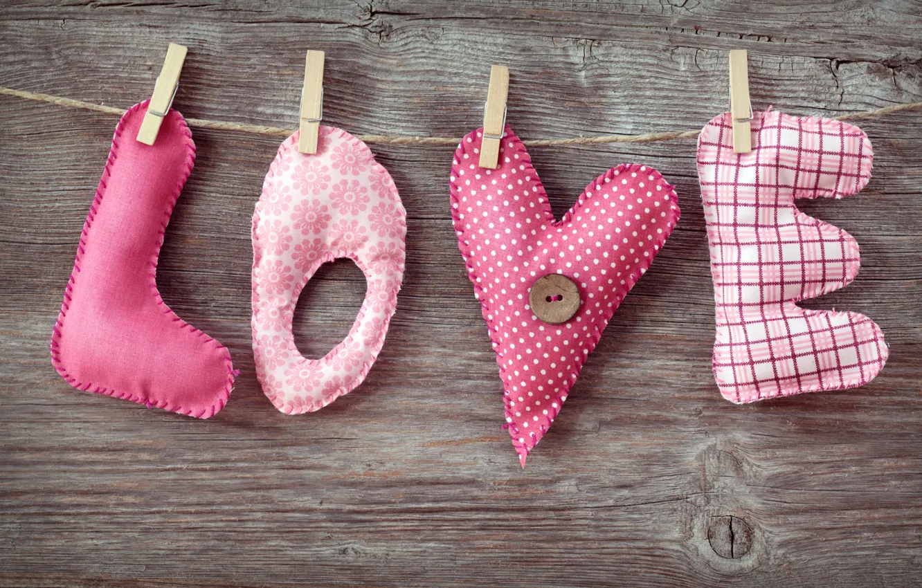 Photo wallpaper love, letters, the inscription, fabric, love, clothespins, pads