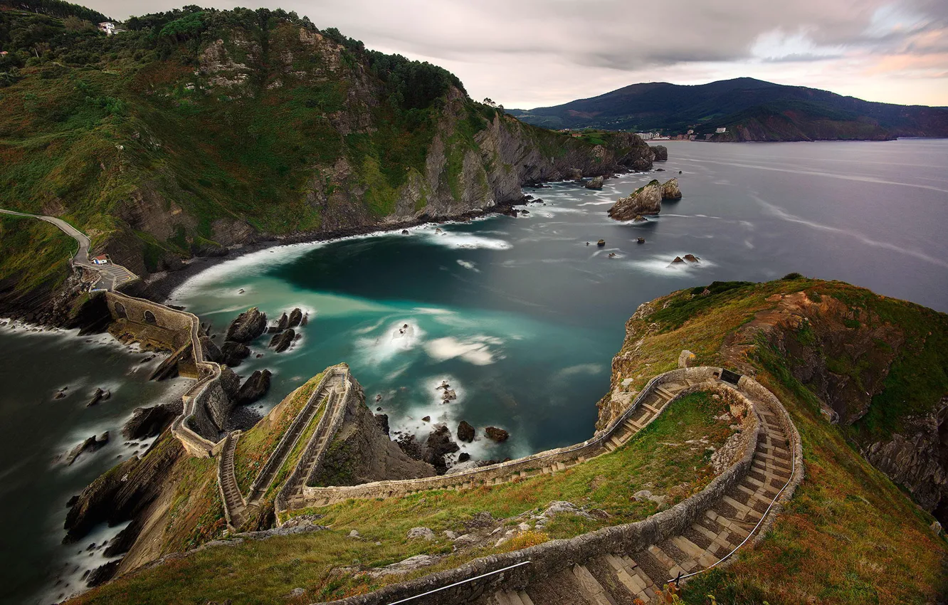 Photo wallpaper road, sea, mountains, bridge