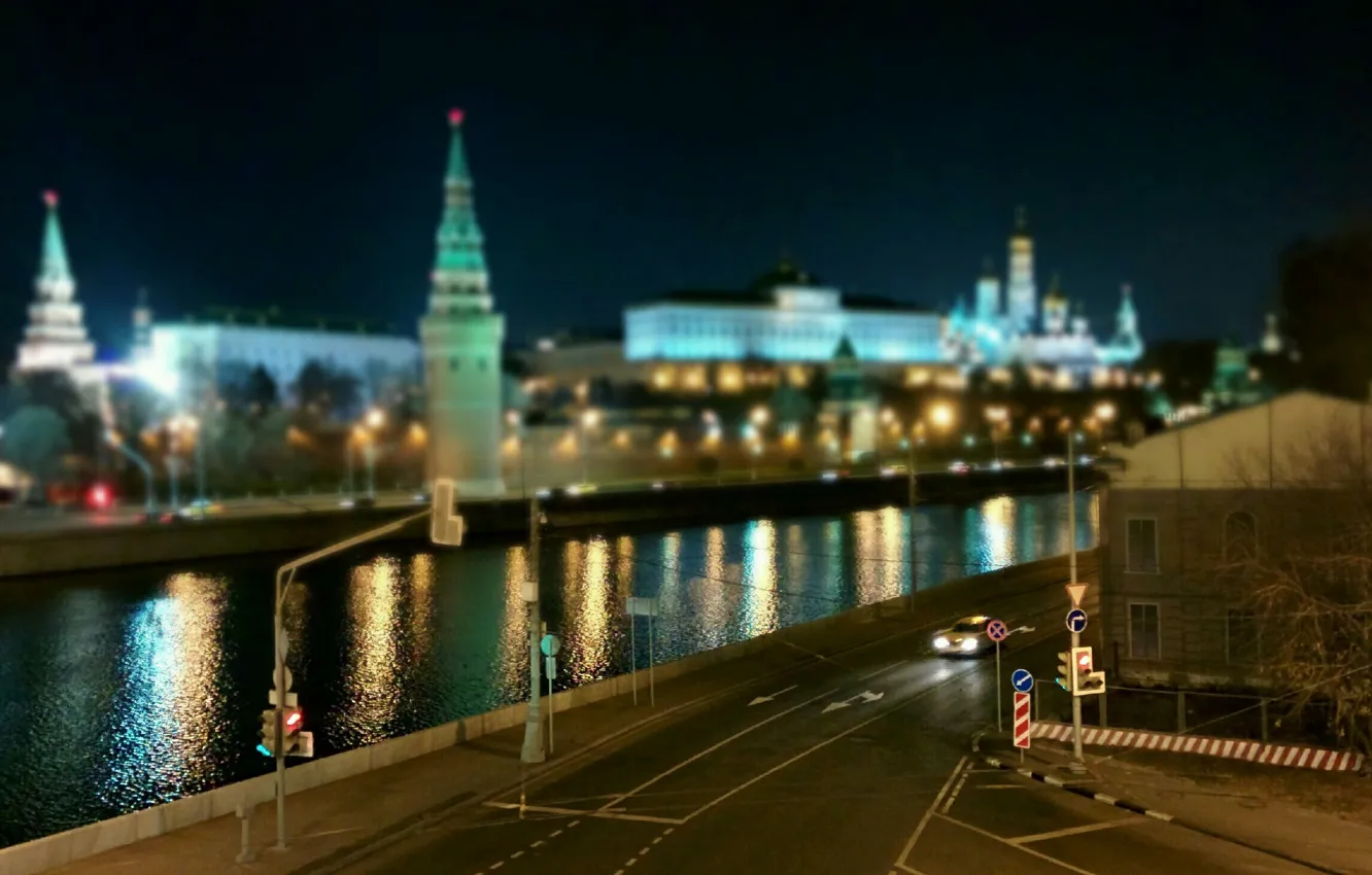 Photo wallpaper night, Moscow, The Kremlin, tilt shift