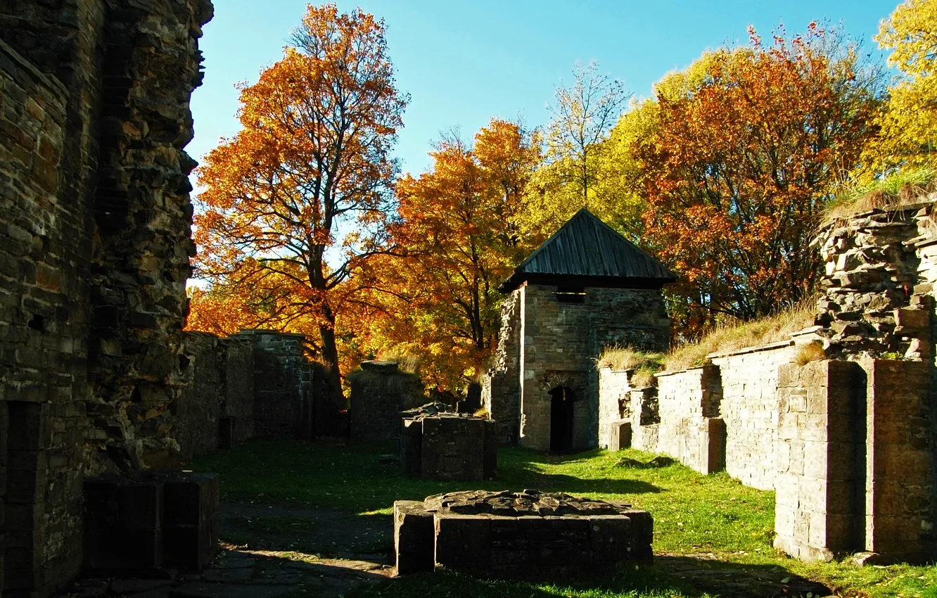 Photo wallpaper autumn, trees, nature, Norway, ruins, trees, nature, autumn