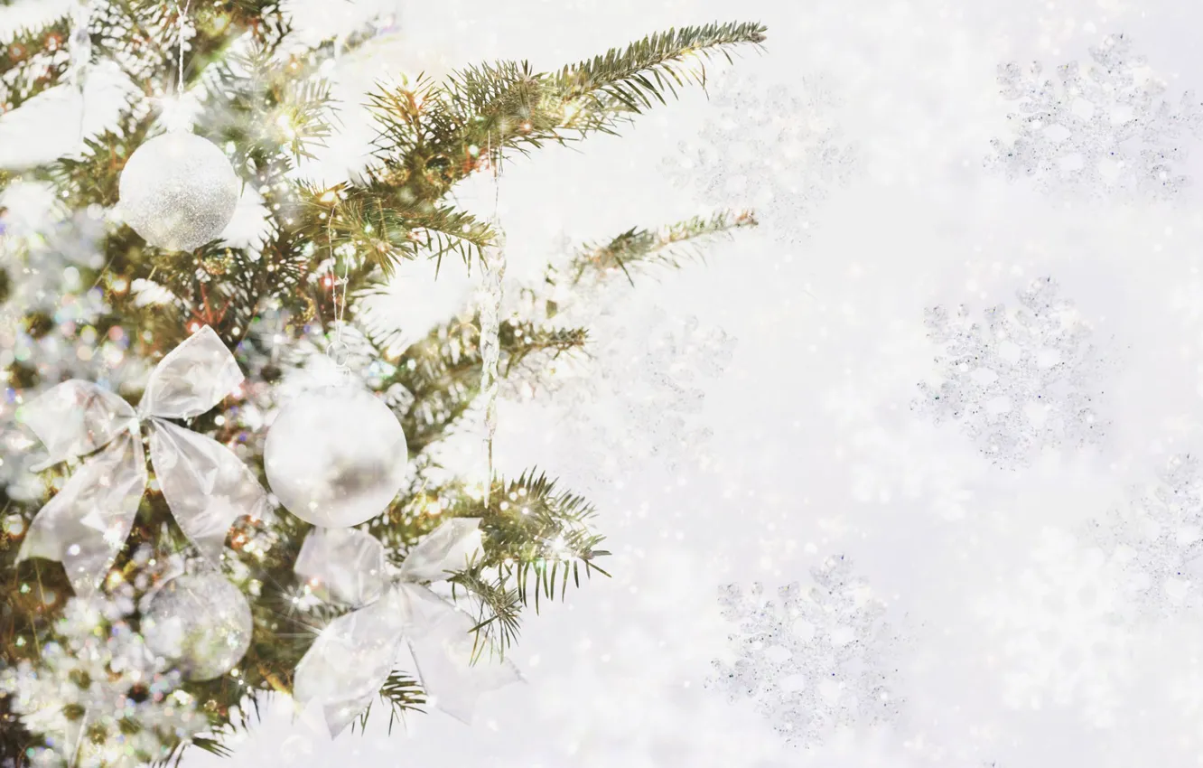 Photo wallpaper decoration, snowflakes, branches, glare, holiday, balls, toys, tree